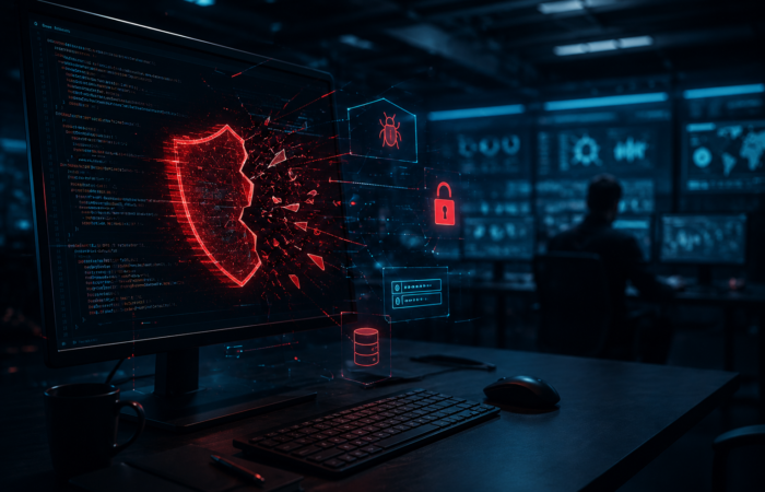 Ilustração de vulnerabilidades em aplicações Delphi mostrando código legado, ameaças cibernéticas e proteção de sistemas corporativos.
