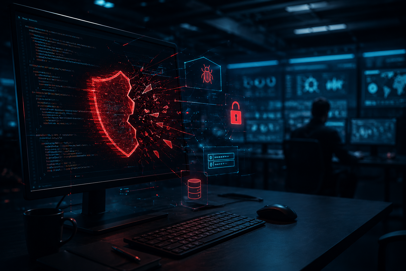 Ilustração de vulnerabilidades em aplicações Delphi mostrando código legado, ameaças cibernéticas e proteção de sistemas corporativos.